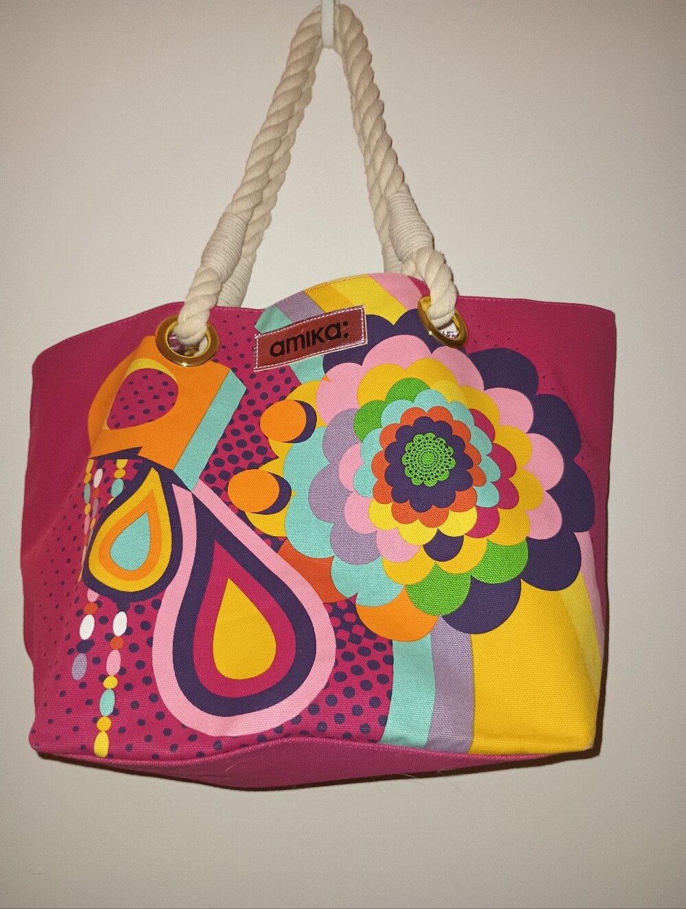 amika Bright Pink Multicolor Graphic Large Canvas Tote Rope Handles Zebra Lining - Picture 3 of 9
